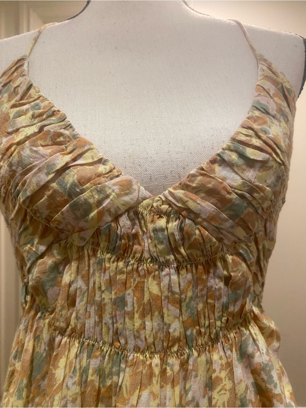 Women’s Yellow Floral Summer Maxi Dress Smocked Waist adjustable ties size large - Picture 3 of 12